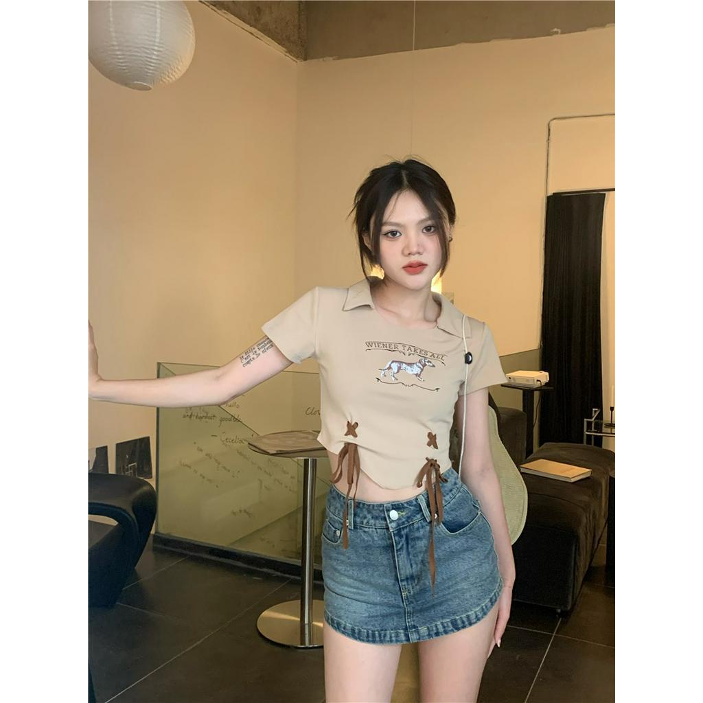 Áo polo Ngắn Ôm Eo In Họa Tiết Kiểu Mỹ 3 Màu Tùy Chọn