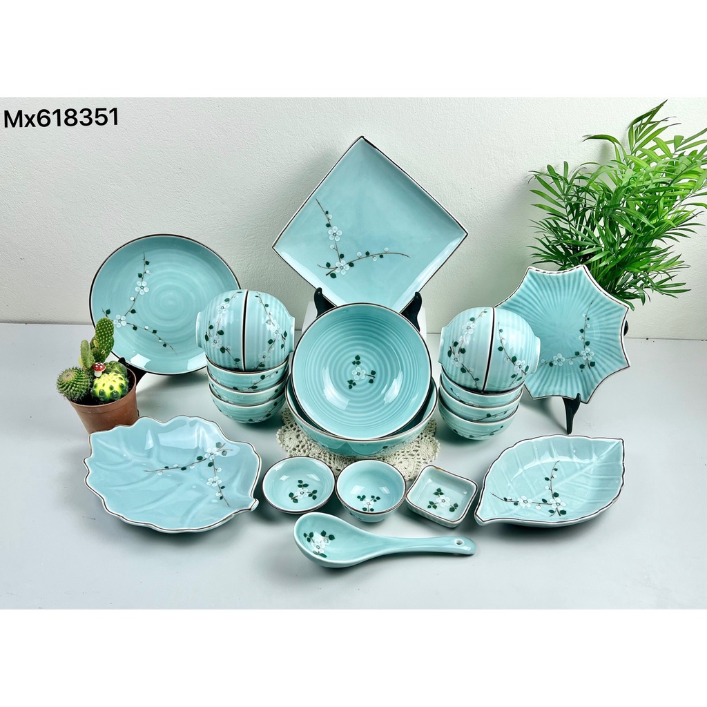 Bộ bát đĩa ăn cơm, bộ đĩa men lam ngọc gốm sứ Bát Tràng cao cấp, vẽ hoa đào trắng nhiều mẫu lựa chọn