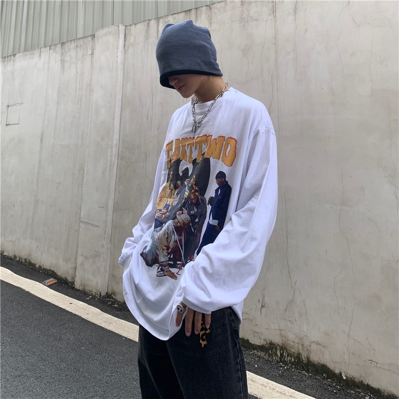 Áo Thun Tay Dài Cổ Tròn Dáng Rộng In Hình Chân Dung Phong Cách Retro Mỹ Thời Trang Mùa Thu Cho Nam Size M-3Xl