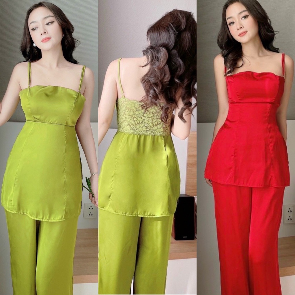 Đồ ngủ nữ, đồ bộ lụa satin mềm mịn, Pyjama, áo xẻ tà phối ren sau
