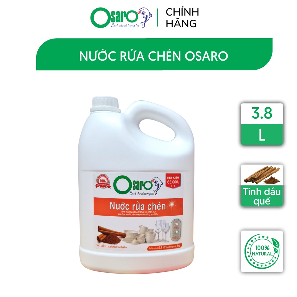 Nước rửa chén Osaro hữu cơ sinh học hương thơm nhẹ nhàng khả năng làm sạch cao dạng can 3.8L