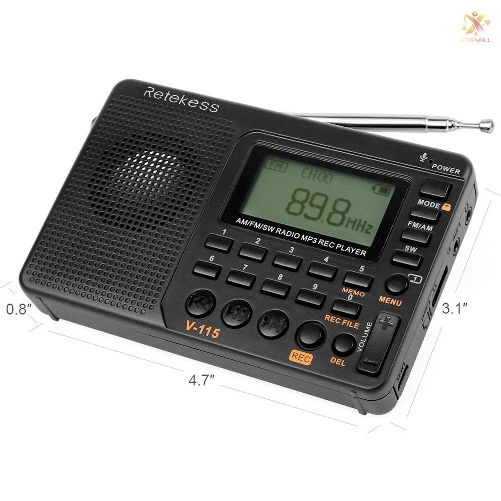 ET Retekess V-115 FM/AM/SW Radio Multiband Radio Receiver REC Recorder Bass Sound MP3 Player Speakers with Sleep Timer Black