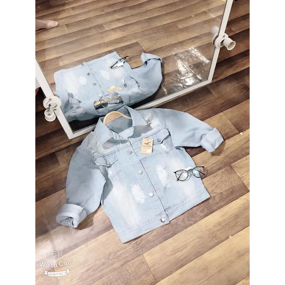 áo khoác jean nữ xanh nhạt cổ bẻ rách mode-2
