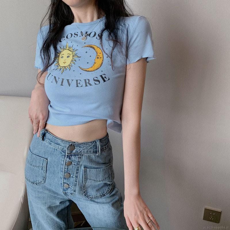 Áo Croptop Ngắn Tay In Hình Mặt Trăng / Mặt Trời Kiểu Hàn Quốc Xinh Xắn Cho Nữ