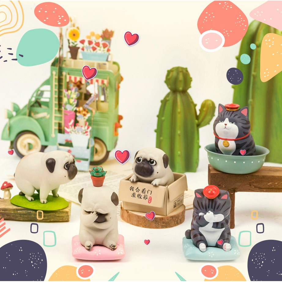 Set 5 mô hình chó pug mèo hoàng thượng biểu cảm bất lực đứng ị trong chậu trong hộp kèm phụ kiện để bàn dễ thương