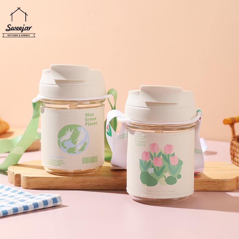 Cốc Thủy Tinh Borosilicate Cao 400ML Kèm Ống Hút Và Dây Da Chống Rò Rỉ Chịu Nhiệt Cao