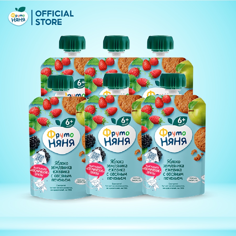 Combo 6 Gói Trái cây nghiền vị táo, dâu đất, mâm xôi đen và bánh yến mạch Fruto Nyanya 90g/gói