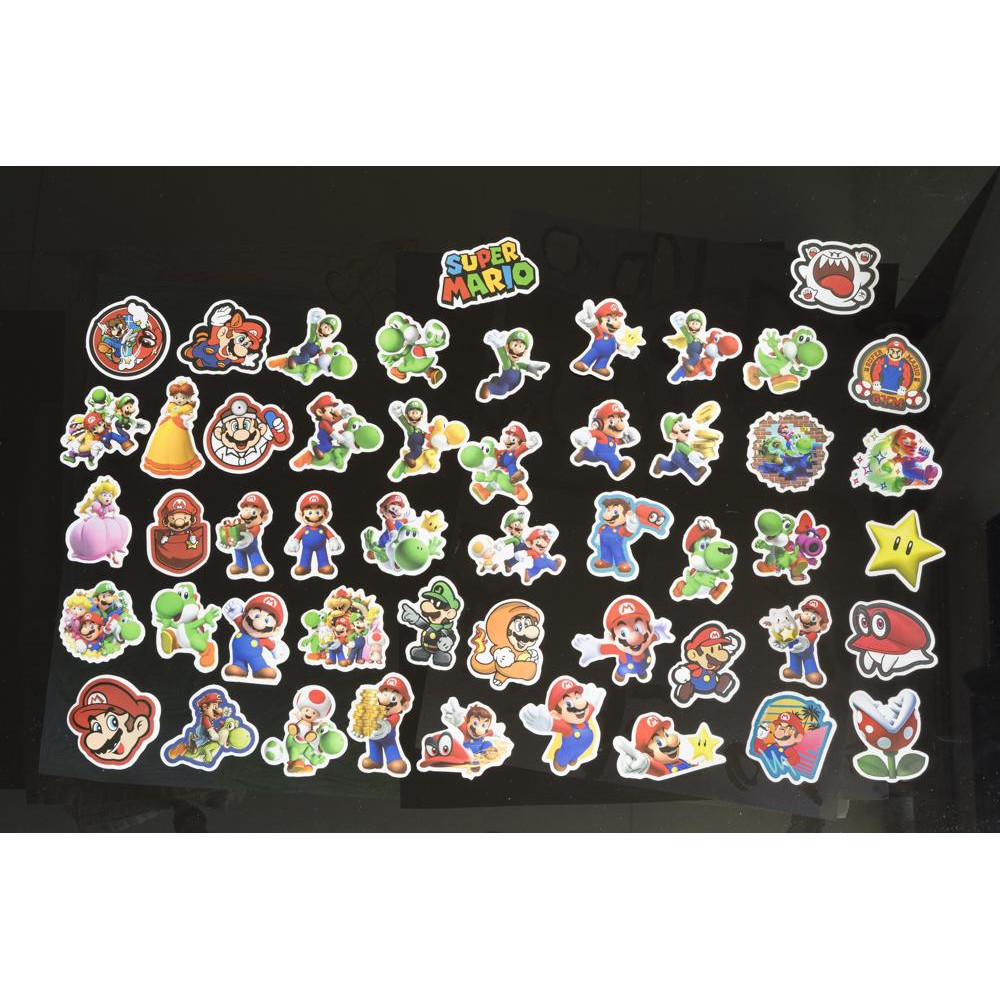 Bộ 50 miếng dán sticker, stickers cao cấp chủ đề Super Mario trang trí Vali Laptop Mũ Bảo Hiểm Xe Máy Guitar Ukelele