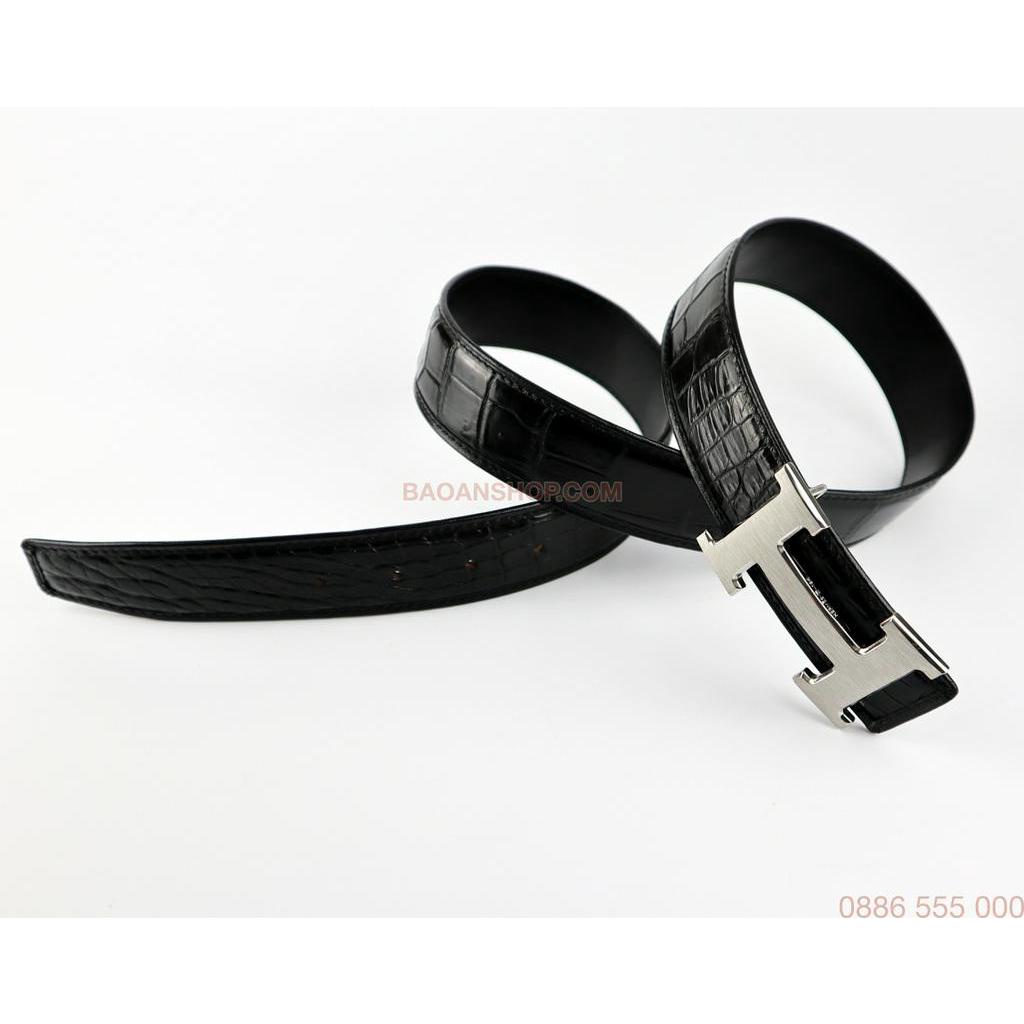 Thắt lưng nam da cá sấu được làm từ phần bụng nguyên miếng cao cấp màu đen, dây lưng nam da cá sấu #B3105