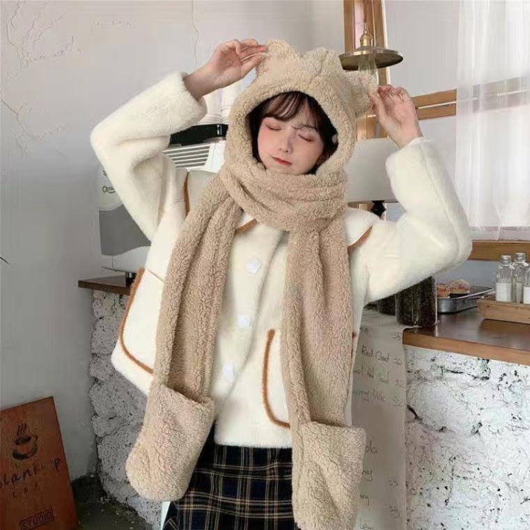 Mũ lông tai gấu kèm khăn quàng cổ bao tay 3 trong 1 ấm áp