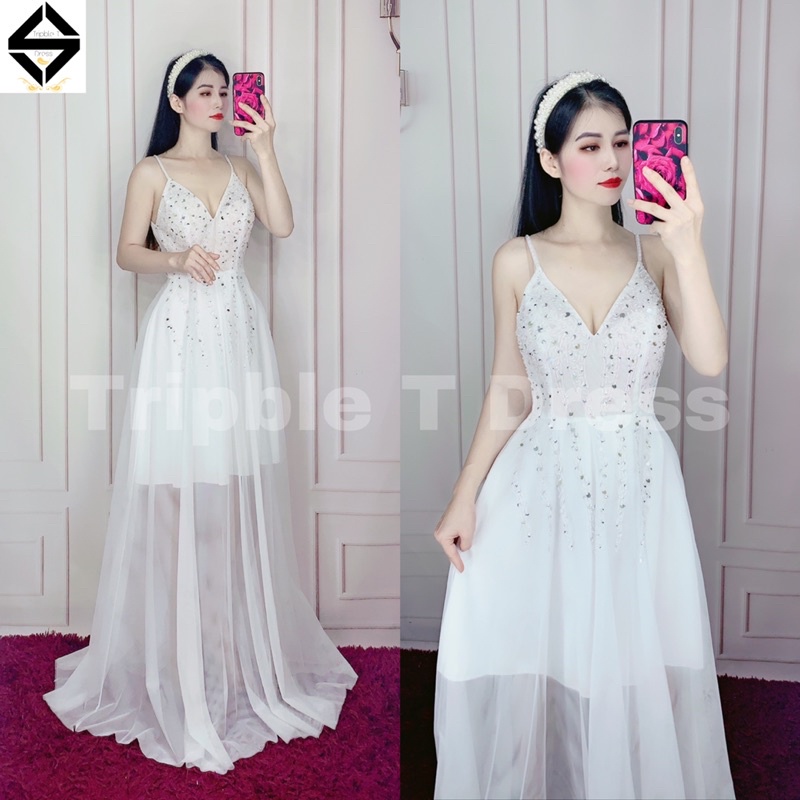 Đầm maxi xòe 2 dây kết đá pha lê ngực cao cao cấp TRIPBLE T DRESS - SIZE M/L - MS83V