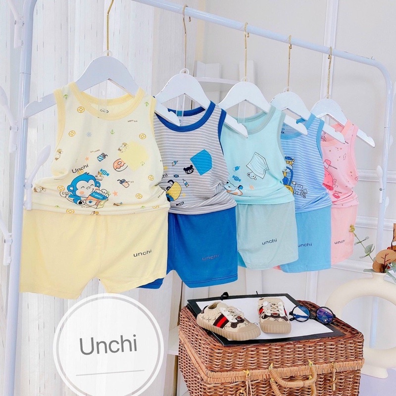 Bộ ba lỗ Unchi chất gỗ sồi nền màu họa tiết mới cực mát cho bé (Sz 5-16kg)