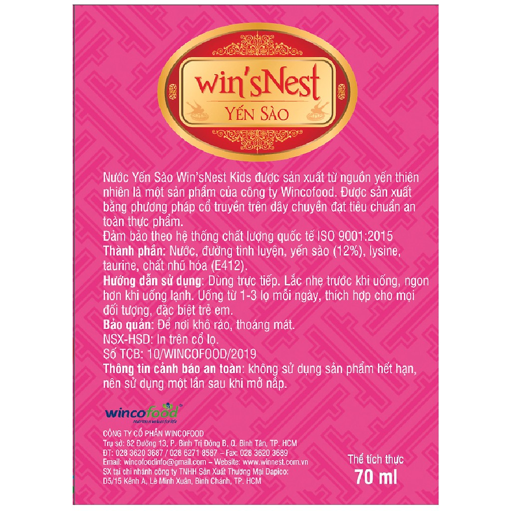Combo 12 Lọ Nước yến sào win'sNest Junior 12% (70mL) Kèm túi xách giấy