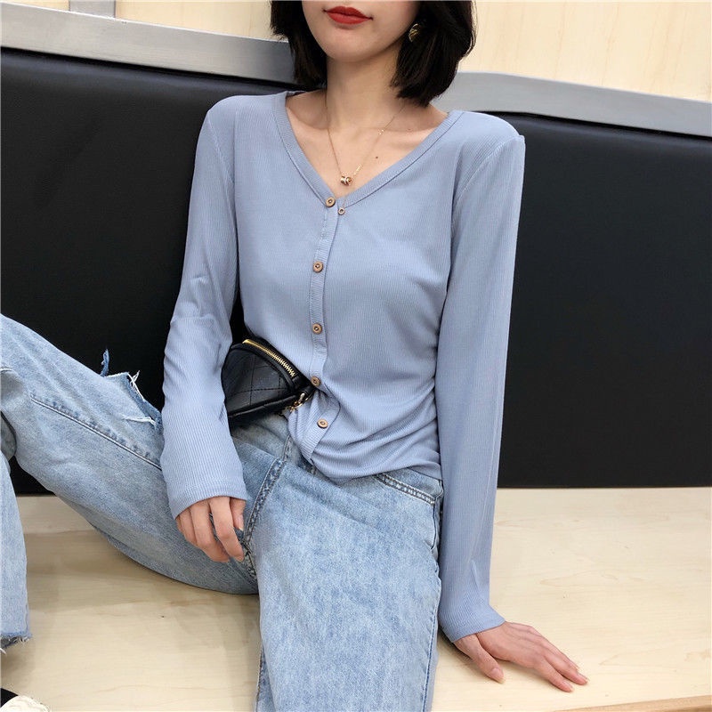 Áo thun len nữ tay dài cổ tim 5 cúc thời trang hàn quốc