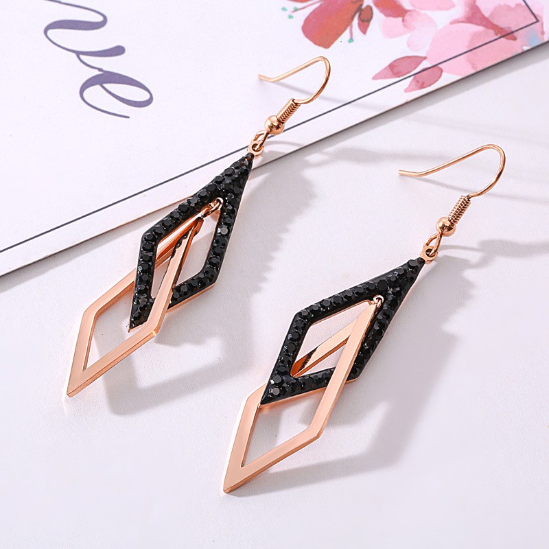 Bông Tai Dáng Dài Bằng Thép Titan Đính Kim Cương Đen Phong Cách Hàn Quốc Thời Trang Cho Nữ