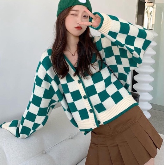 áo khoác cardigan len dáng croptop sọc caro màu xanh phong cách hàn quốc A665 nội y xanh chất len quảng châu