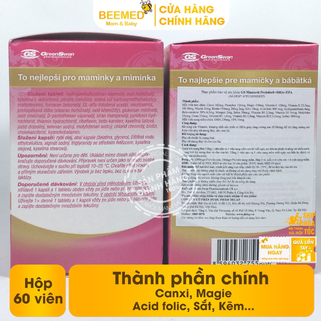 Vitamin tổng hợp cho bà bầu GS Mamavit Có DHA và EPA cho phụ nữ mang thai và cho con bú - Hộp 60 viên Gsmamavit