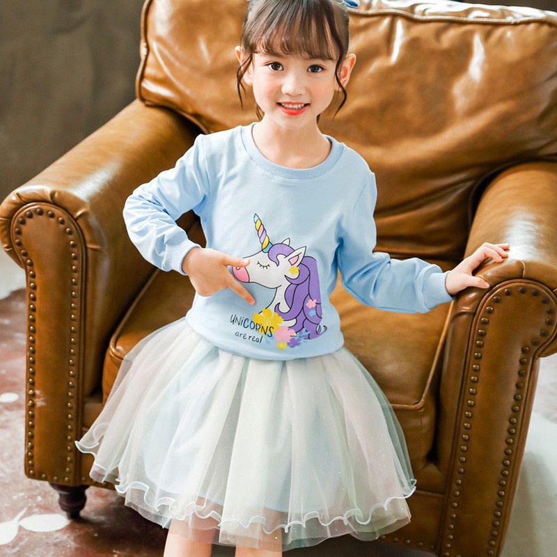 Set Áo Thun Tay Dài &amp; Chân Váy Lưới Cho Bé Gái