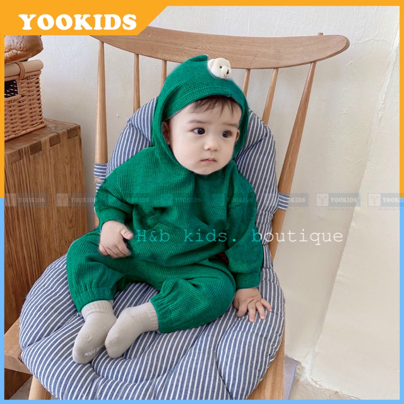 Bộ thu đông cho bé YOOKIDS kèm mũ chụp gấu chất đũi xốp mềm mịn, Bộ dài tay cho bé trai bé gái 1 2 3 4 5 tuổi