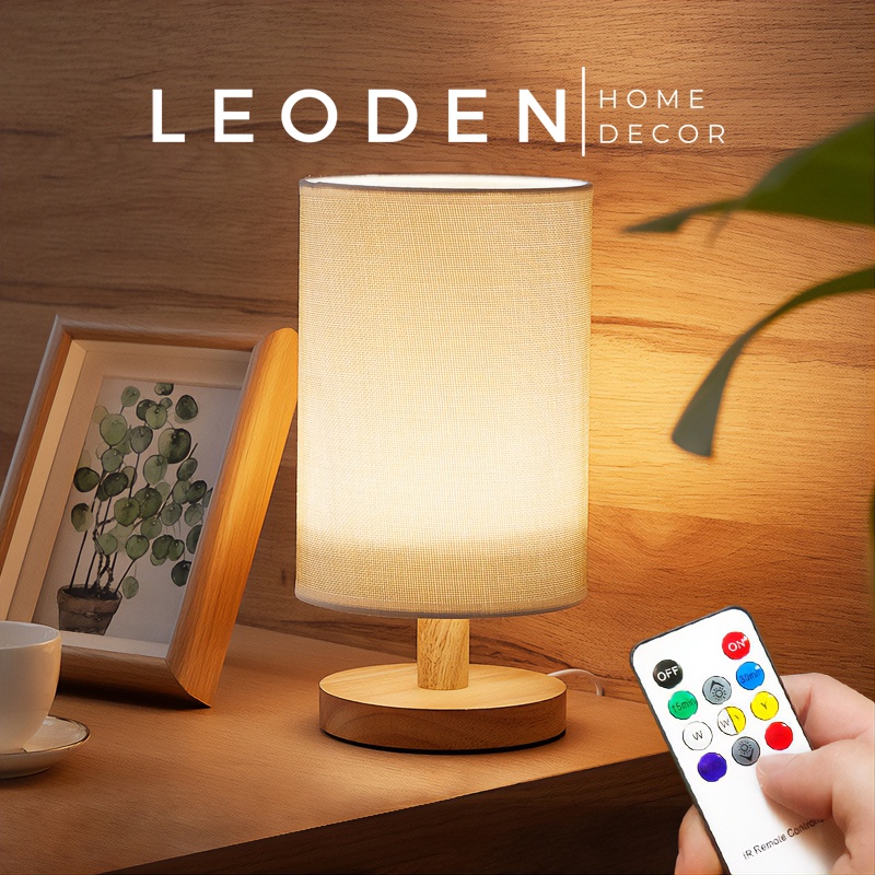 Đèn ngủ đế gỗ hình trụ chao vải lanh, đèn ngủ để bàn trang trí phòng ngủ có hẹn giờ - LEODEN Decor