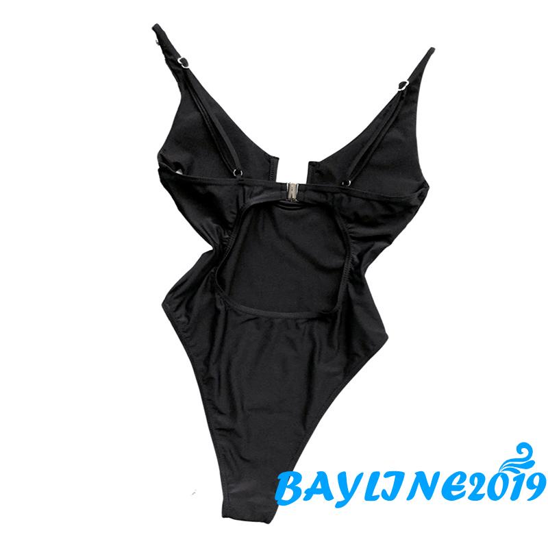 BAY-Sexy Women Monokini Swimwear, Low Cut Sleeveless Tri-Angle Crotch Back Cut Out Solid Color Ribbed Swimsuit
