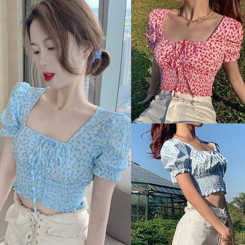 Áo Croptop Cổ Vuông Tay Phồng Họa Tiết Hoa Xinh Xắn Cho Nữ