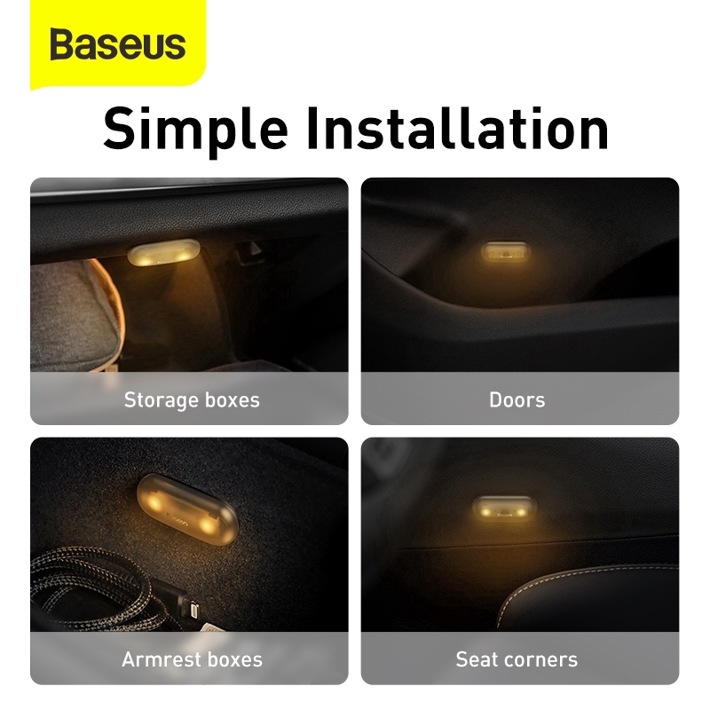 Bộ 2 đèn led Baseus mini cảm ứng từ tính có thể sạc lại tự động di động cho xe hơi