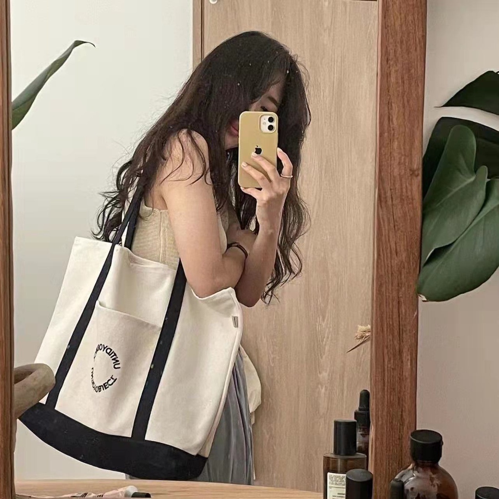 Niche Túi Tote Bằng Vải Canvas Sức Chứa Lớn Phong Cách Hàn Quốc Dễ Phối Đồ