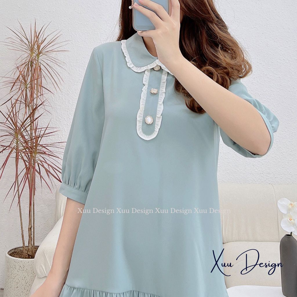 Đầm nữ thiết kế Wexuu Design dáng babydoll tay lỡ phối cúc trẻ trung thanh lịch - V13