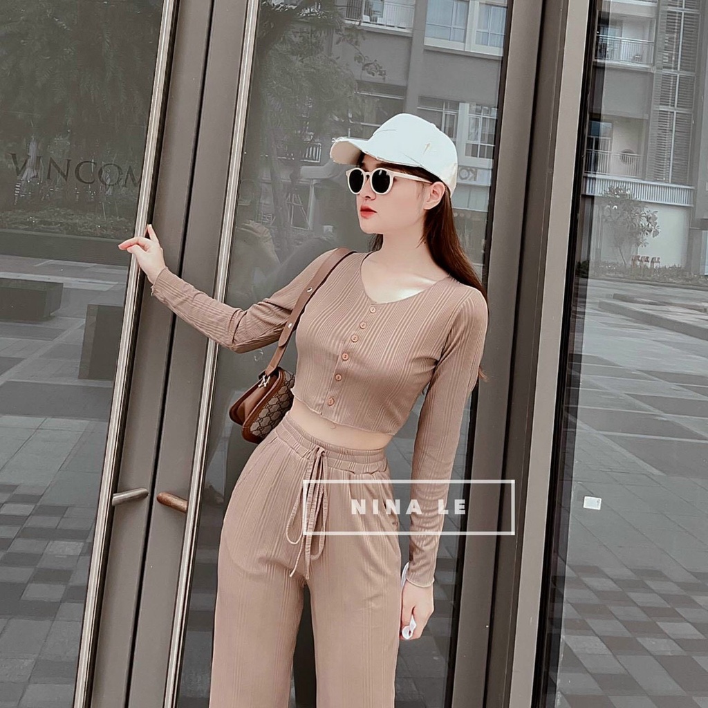 Sét bộ nữ đi chơi, áo croptop tay dài, quần dài năng động