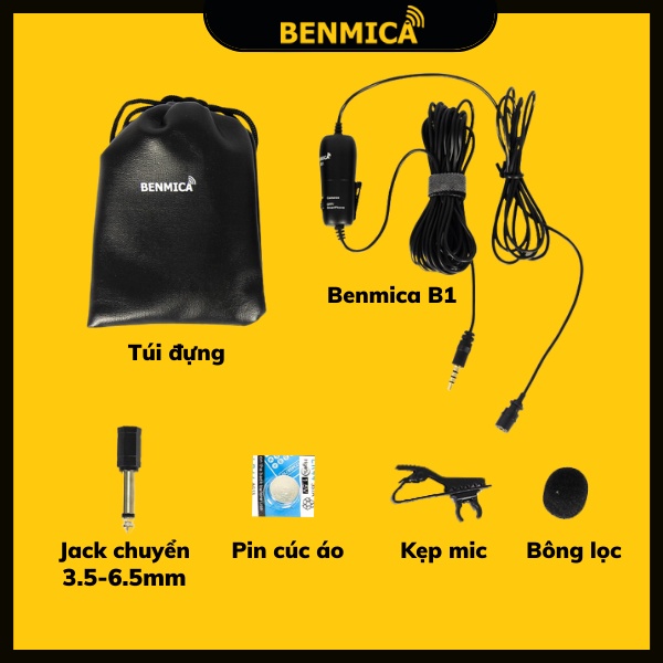 Micro thu âm cài áo Benmica B1 dành cho điện thoại, máy ảnh, máy quay dây kết nối dài 6m - Hàng chính hãng