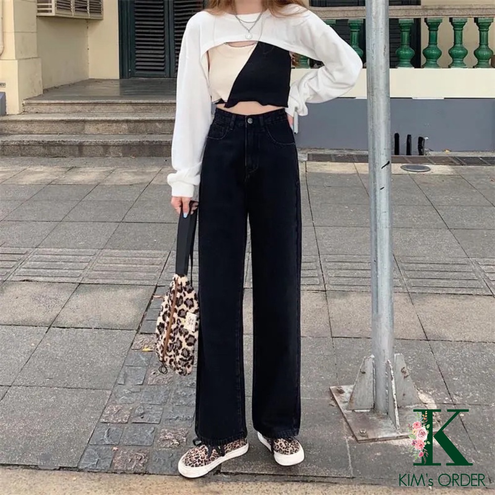 Quần jean nữ màu đen trơn ống suông basic Ulzzang cạp lưng cao đi học đi làm đi chơi chất co dãn nhẹ loại 1