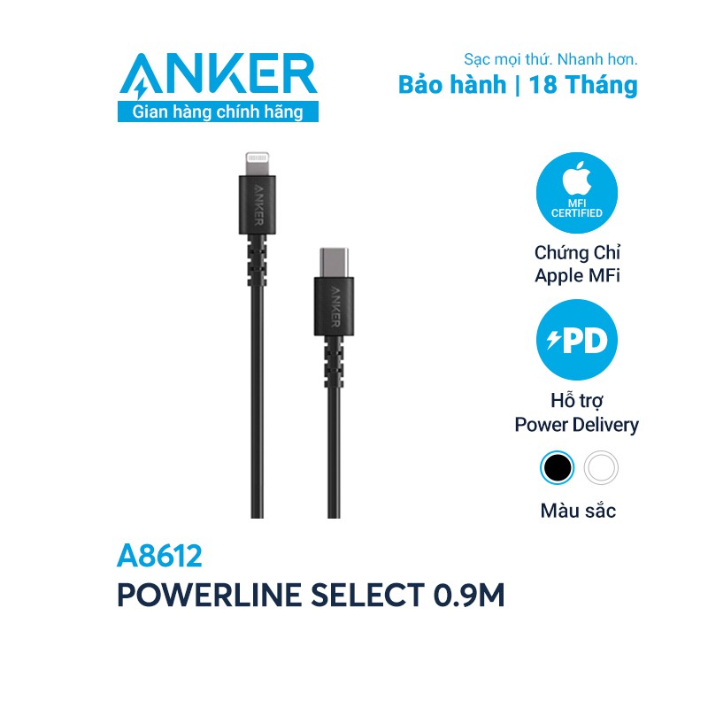 Cáp sạc ANKER Select Lightning to USB-C dài 0.9m - A8612