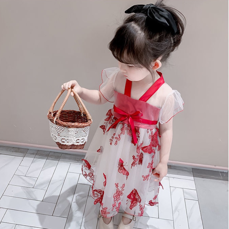 Đầm Công Chúa Tay Phồng Ngắn Phối Lưới Đính Nơ Thời Trang Mùa Hè Cho Bé Gái