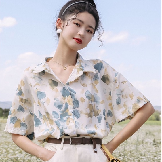 Áo Sơ Mi Voan Hoa Ngắn Tay Dáng Rộng Xinh Xắn Dành Cho Nữ