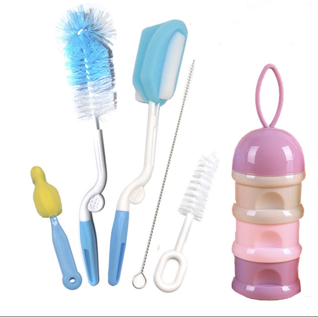 combo bộ cọ rửa bình sữa 5 chi tiết và hộp và hộp chia sữa 3 tầng có quai cầm