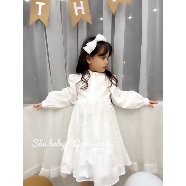 Bờm xước tóc, băng đô hai nơ ren trắng phong cách Hàn Quốc cho bé