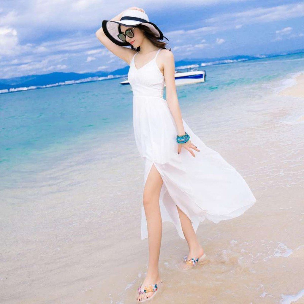 ✖Váy Maxi Trắng Đần 2 Dây Nữ Tầng Đính Ren Trang Trí Chất Vải Cao Cấp Đi Biển, Dạo Phố Đều Hợp.