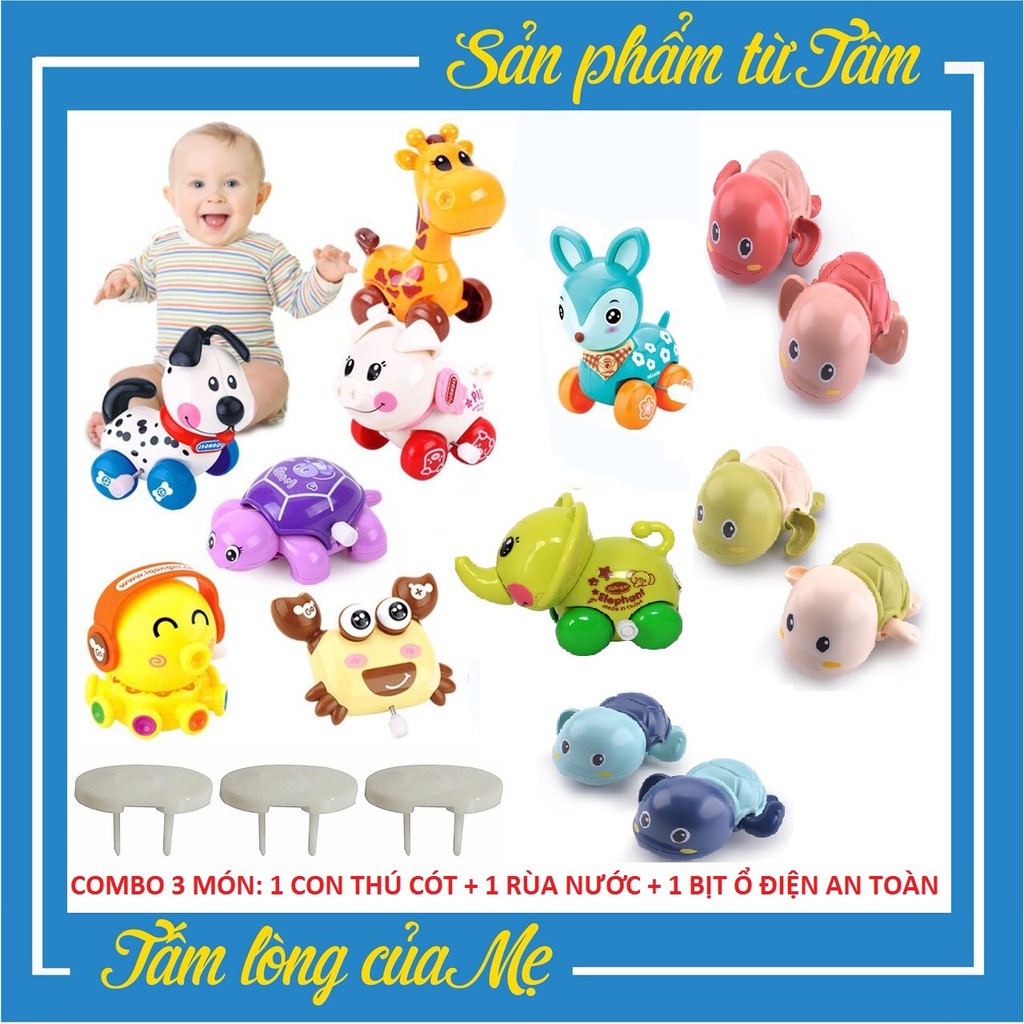 Combo 3 Món: Đồ Chơi Con Thú Vặn Cót, Rùa Bơi Thả Bồn, Bịt Ổ Điện An Toàn Cho Bé