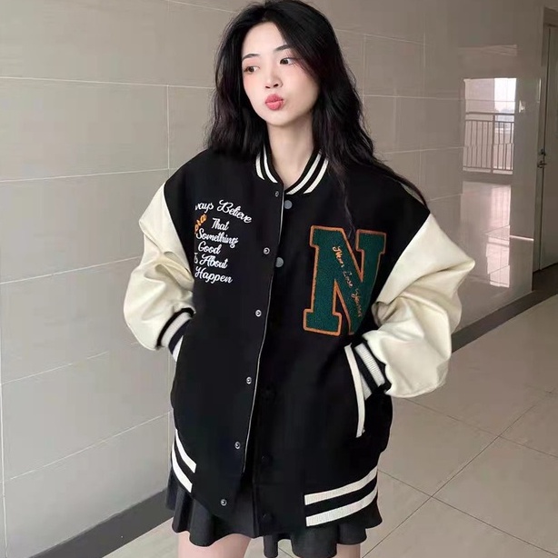 Áo khoác bóng chày dáng rộng phong cách đường phố thời trang cá tính