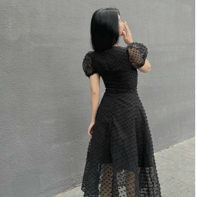 Đầm dự tiệc dáng dài,đầm xòe tay bồng cao cấp giá rẻ thiết kế chất liệu tơ ren nổi full 2 lớp mềm mịn XM Minh phúc