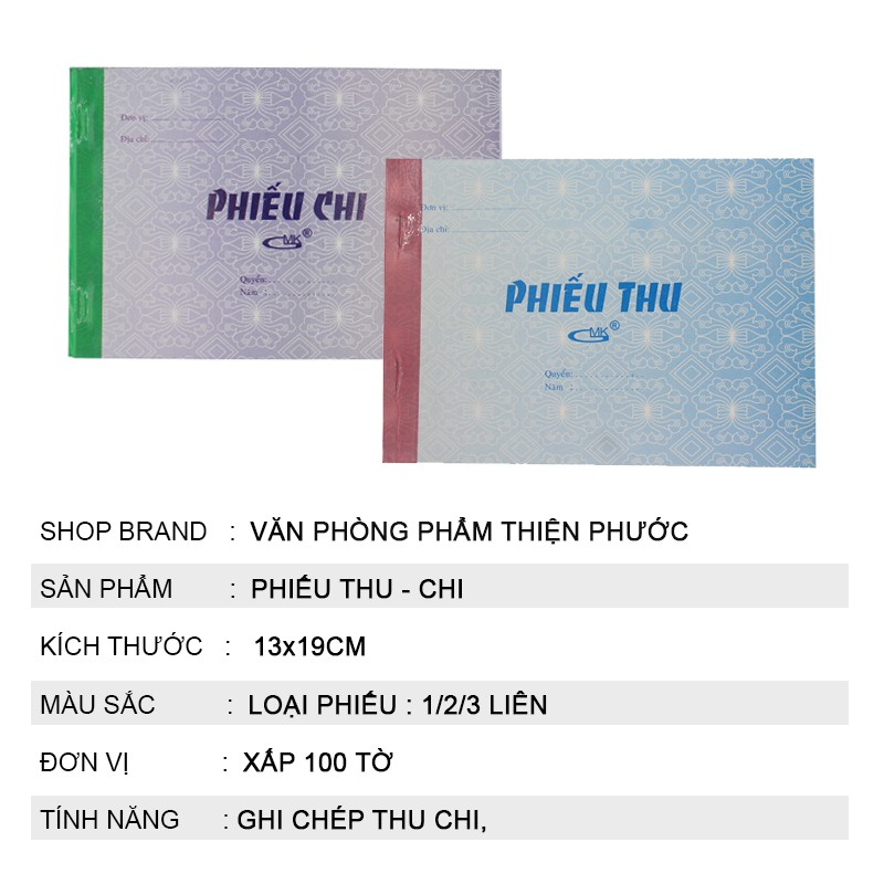 Phiếu thu chi1 liên 2 liên 13x19mm xấp 100 tờ THIỆN PHƯỚC