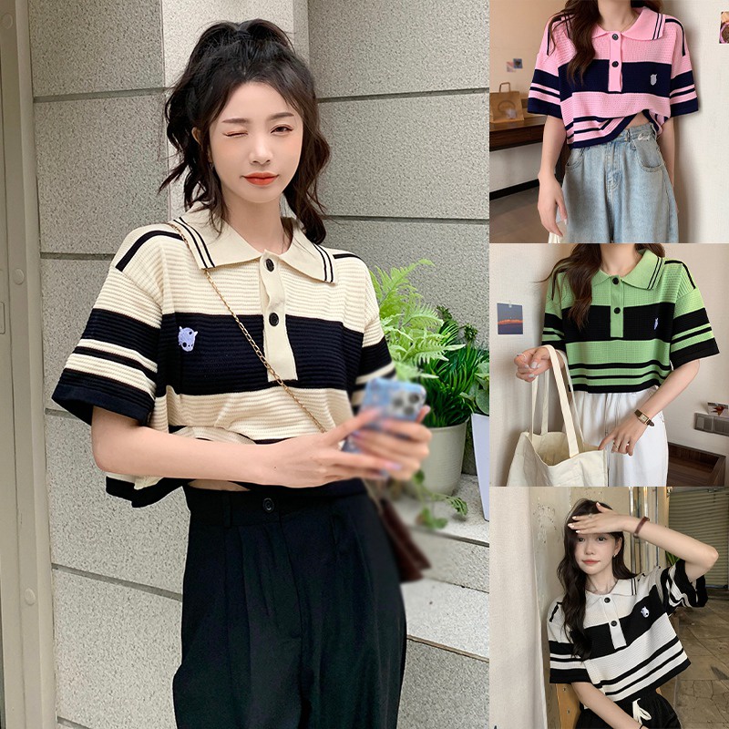Áo Thun Dệt Kim Ngắn Tay Dáng Rộng Họa Tiết Kẻ Sọc Phong Cách Retro Hàn Quốc