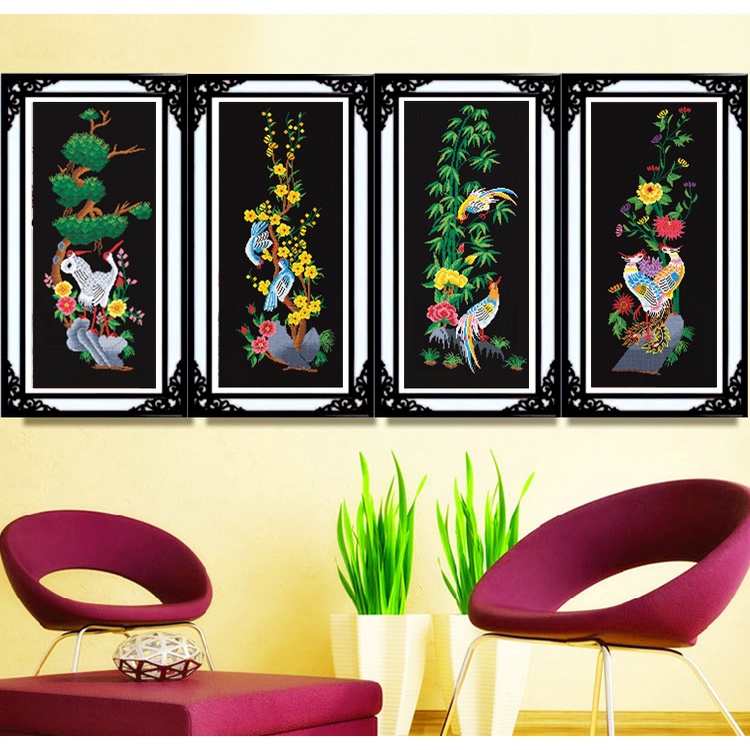 Tranh thêu chữ thập 3D - Bộ Tứ Quý Xuân Hạ Thu Đông (29 x 68 cm)