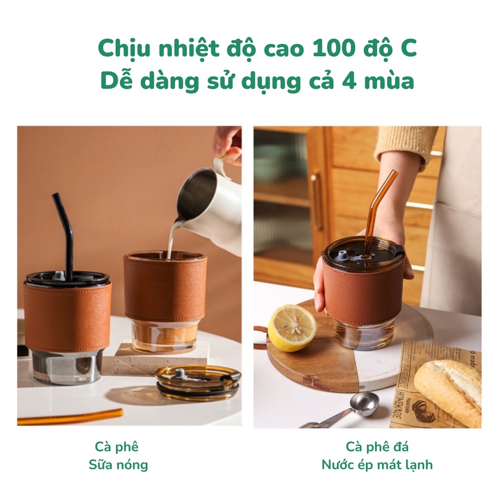 [Hàng Mới] Ly thủy tinh uống nước (kèm Vỏ da + Nắp + Ống Hút) màu hổ phách chịu nhiệt nóng lạnh 400ml