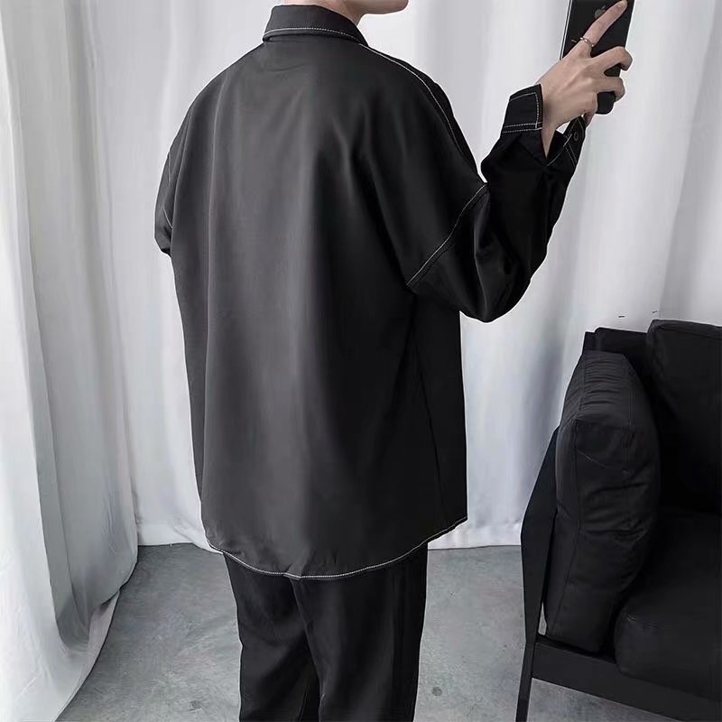 Áo sơ mi trắng dài tay dáng rộng phối kẻ sọc trẻ trung cho nam cỡ m-3xl