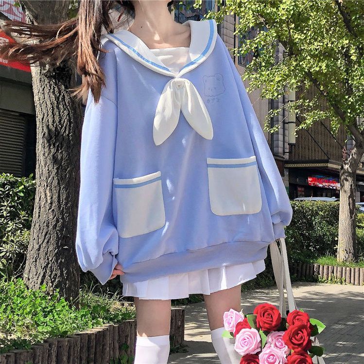 Áo sweater Cổ Thủy Thủ Tay Dài Dáng Rộng In Hình Gấu Dễ Thương Thời Trang Thu Đông Nhật Bản Cho Bạn Gái