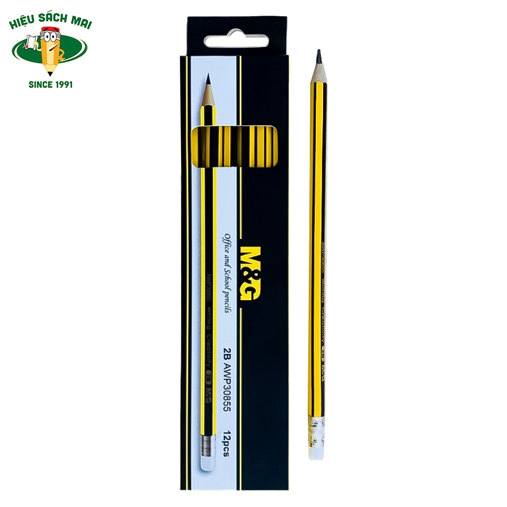 Hộp 12 bút chì có tẩy M&G - loại 2B/HB vẽ mỹ thuật, làm bài kiểm tra nhạy với máy chấm thi an toàn với người sử dụng