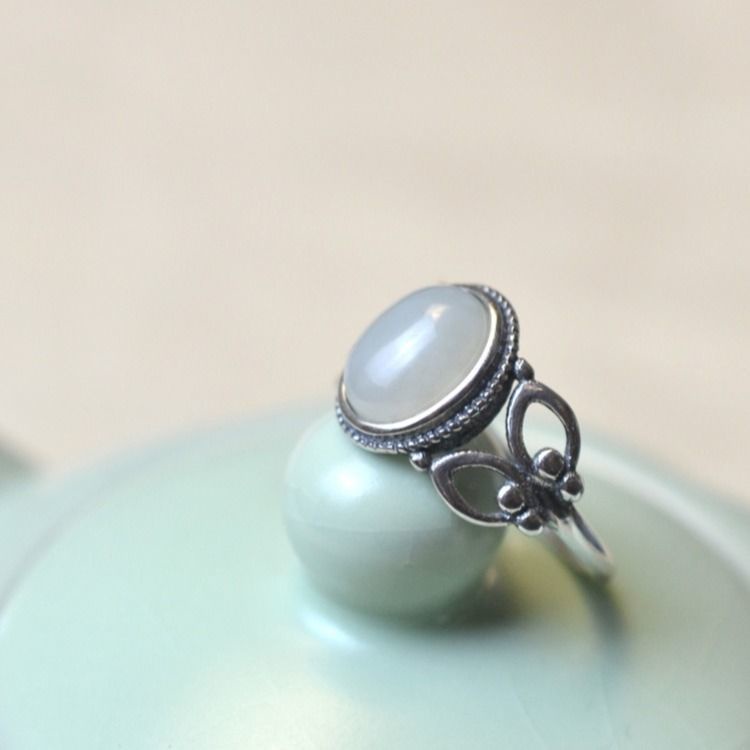 Nhẫn Hở Mạ Bạc 925 Đính Ngọc Bích Tự Nhiên Phong Cách Trung Hoa Cổ Điển Sang Trọng Thời Trang Cho Cặp Đôi