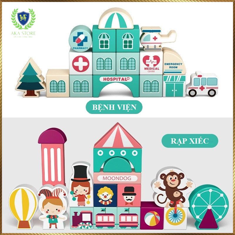 Đồ chơi gỗ xếp hình mô hình thành phố bằng gỗ tự nhiên Cao cấp, đồ chơi giao dục sớm cho bé, AKA Store